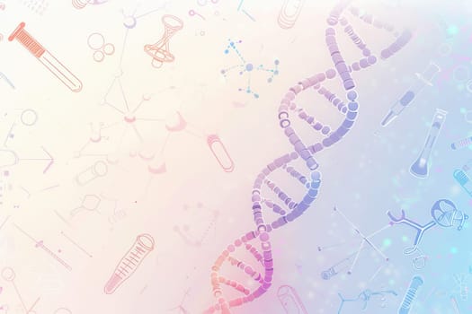 A double helix DNA strand is surrounded by various medical icons, illustrating the intersection of genetics and scientific research in a laboratory.