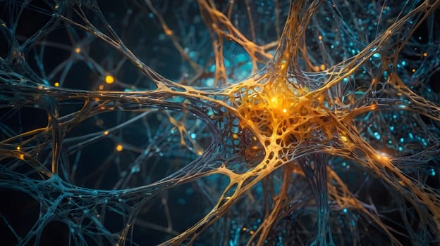 A complex network of neurons is depicted, showcasing intricate connections and glowing synapses. The vibrant colors and detailed structures highlight the dynamic interactions that occur within neural systems, emphasizing their role in communication and information processing.