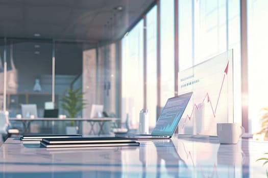 A contemporary office features large windows streaming in sunlight, highlighting a laptop and notebooks on a sleek table, ideal for productive work.