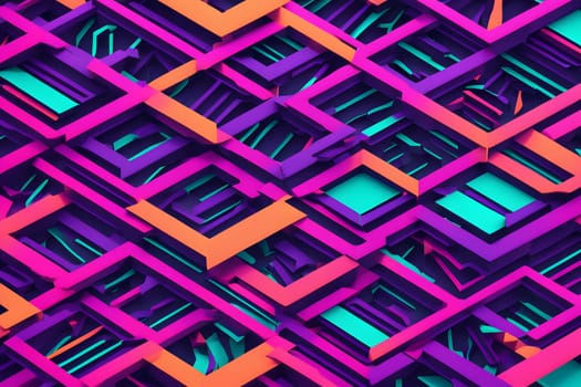 This artwork features a mesmerizing arrangement of geometric shapes in vibrant colors, creating a dynamic visual effect. Layered forms intertwine with bold hues of purple, pink, and teal, producing an eye-catching, three-dimensional appearance.