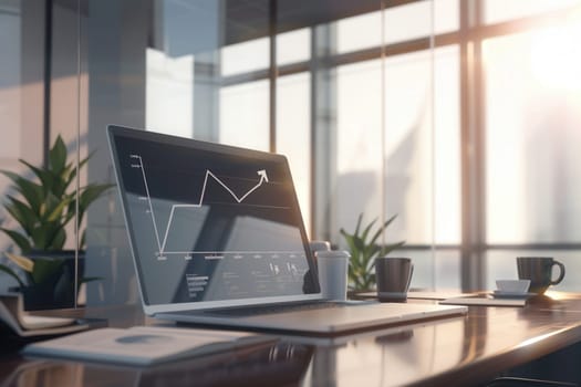 A sleek office setup features a computer displaying growth charts, surrounded by plants and cups, illuminated by soft morning sunlight.