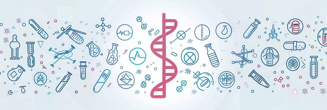 A double helix DNA strand is depicted among various medical icons representing laboratory equipment and healthcare tools.