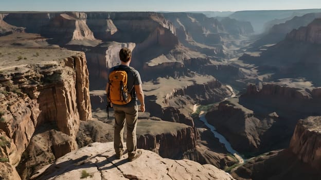 A lone hiker gazes out over the vast expanse of the Grand Canyon, illuminated by the soft light of dawn. The rocky cliffs and deep valleys create a breathtaking panorama. The winding river below reflects the morning sun, enhancing the beauty of this iconic landscape.