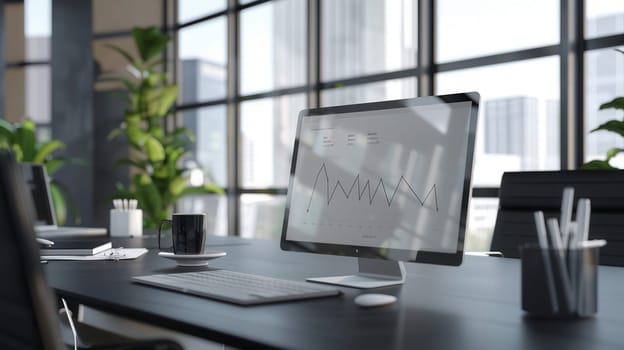 A sleek modern workspace filled with natural light overlooks city views, showcasing a computer displaying data analysis and a fresh coffee cup on the desk.