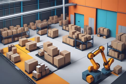 A spacious warehouse features numerous stacks of cardboard boxes neatly arranged on pallets. An automated robotic arm is actively sorting and handling the packages, showcasing modern technology in logistics and storage solutions. The bright interior reflects efficient organization and functionality.
