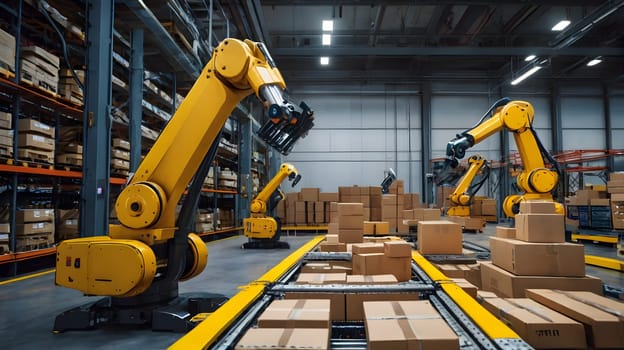 In a modern warehouse, robotic arms are efficiently sorting and stacking cardboard boxes. The environment displays a high-tech design, with automated machinery working seamlessly on assembly lines. The focus is on enhancing productivity and optimizing space utilization during the daytime.