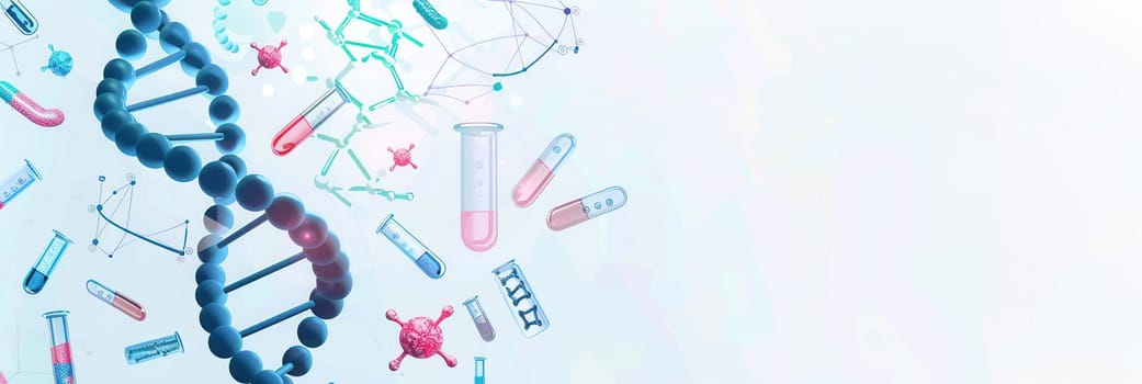 A striking double helix DNA strand is surrounded by various medical icons, including microscopes, test tubes, and stethoscopes in a lab environment.