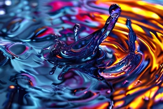 A dynamic water splash captures attention, surrounded by vivid reflections of blue, purple, and orange. The motion creates ripples across the surface, showcasing the interplay of light and color. The intricate patterns highlight the beauty of fluid dynamics in an artistic setting.