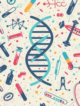 A double helix DNA strand is featured amidst various medical icons, showcasing tools like microscopes, test tubes, and syringes, symbolizing scientific exploration.