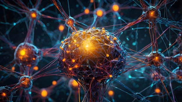 A detailed view of a neural network showcases a central node surrounded by interconnected pathways that emit a soft, glowing light. The intricate design highlights the complexity of neural connections, creating an engaging visual representation of information processing.