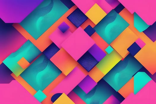 A dynamic array of colorful geometric shapes and patterns creates an engaging visual display. The vibrant hues of pink, orange, green, and blue interact with layered forms, showcasing a sense of depth and movement.