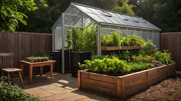 A well-maintained greenhouse stands amidst lush vegetable gardens filled with various plants. The sunlight highlights healthy greens and colorful flowers, creating a serene atmosphere for gardening activities. Wooden planters are neatly arranged, showcasing a rich harvest potential.