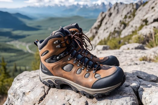 A pair of rugged hiking boots rests on a rocky outcrop with a breathtaking view of green valleys and distant mountains under a clear blue sky, suggesting a recent adventure.