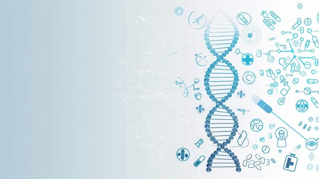 A double helix DNA strand is surrounded by medical icons, including microscopes, test tubes, and stethoscopes, representing the intersection of science and health.