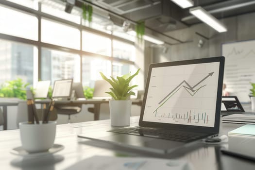 A modern office flooded with natural light showcases a laptop displaying a growth chart, complemented by potted plants and a tidy workspace.