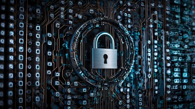 A metallic padlock is prominently displayed at the center of a complex digital circuitry background, symbolizing cybersecurity and data protection. The intricate network of circuits represents interconnected technology systems. This visual conveys themes of security, privacy, and the importance of safeguarding digital information.