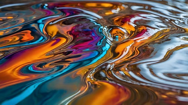 Vibrant swirls of oil float on the surface of water, reflecting a stunning array of colors during sunset. The interplay of light highlights the unique patterns formed by the liquid, creating an eye-catching display of natural artistry.