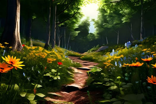 A tranquil pathway meanders through a lush forest, surrounded by colorful wildflowers. Sunlight filters through the dense canopy, illuminating the vibrant greenery and creating a peaceful atmosphere. The earthy trail invites exploration amidst nature's beauty.