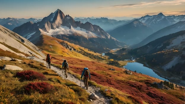 A group of hikers makes their way along a winding trail surrounded by vibrant autumn foliage. Majestic peaks rise in the background under a clear sky, while a serene lake glimmers in the valley below. The warm hues of fall create a breathtaking backdrop for this outdoor adventure.
