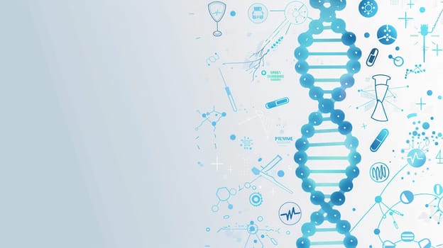 A vibrant double helix DNA strand is encircled by various medical icons, including microscopes, test tubes, and stethoscopes, symbolizing scientific research.