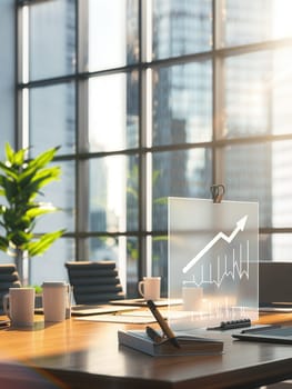 A contemporary office features large windows bathing the space in natural light, highlighting a business growth presentation on an interactive surface.