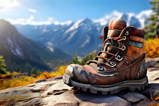 A rugged hiking boot rests on a rocky surface, showcasing its weathered features. The backdrop reveals a stunning mountain range under a clear blue sky, with sunlight illuminating the landscape. This tranquil scene captures the essence of outdoor adventure and exploration in nature.