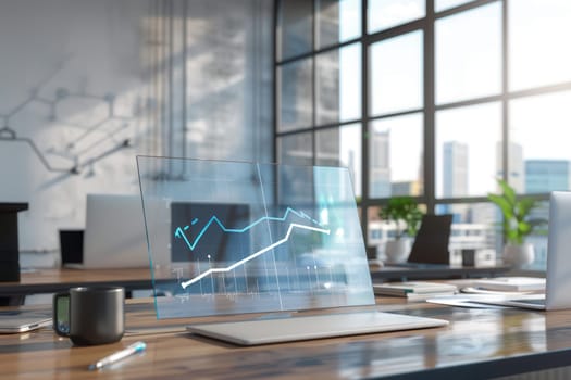 Natural light floods a sleek office space showcasing an interactive display illustrating data trends on a laptop.