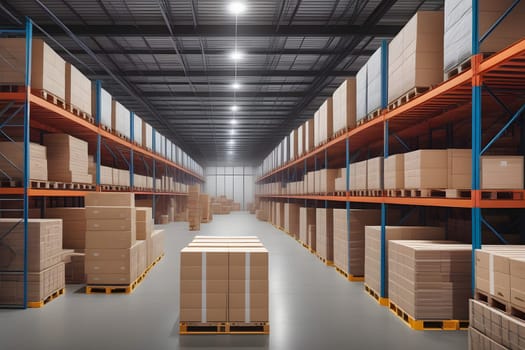 A spacious warehouse features tall shelves filled with neatly stacked cardboard boxes. Bright lights illuminate the aisle, showcasing a well-organized storage area with and a sense of orderliness. The wooden pallets provide a sturdy base for the stacked boxes, which are ready for distribution.