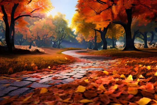 A winding pathway is surrounded by trees adorned with vibrant orange and yellow leaves, creating a picturesque view. The warm golden light filters through the branches, illuminating the tranquil scene. Fallen leaves create a colorful carpet along the path, inviting exploration.