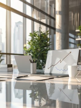 A sleek office showcases large windows, potted plants, and laptops displaying growth charts amidst a bright and inviting atmosphere.