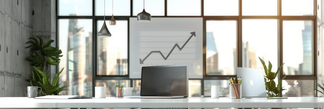 Bright office features large windows, plants, and charts, creating an inspiring environment for collaboration and focus in an urban landscape.