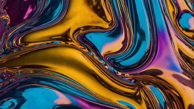 Colors flow together in a mesmerizing abstract pattern, showcasing rich hues of gold, blue, and purple. The dynamic interplay creates a sense of movement, inviting viewers into a captivating visual experience.