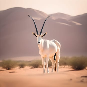 A serene wildlife portrait of a majestic Arabian Oryx standing alone in a sundrenched desert. This minimalistic image highlights the oryx's elegance and the tranquil beauty of its natural habitat