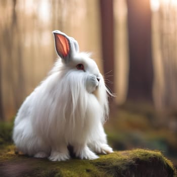 Softness and Serenity: Rare Angora Rabbit in Bright Forest Light