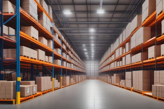 A spacious warehouse aisle features neatly stacked cardboard boxes on metal shelves. The area is well-lit, showcasing organized storage and clear pathways, emphasizing the efficient layout for inventory management.