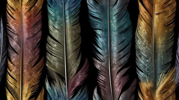 A vibrant collection of feathers showcases a variety of colors and textures against a black background. Each feather features intricate details and unique patterns, emphasizing their natural beauty. The arrangement highlights diverse shades, creating a visually captivating effect.