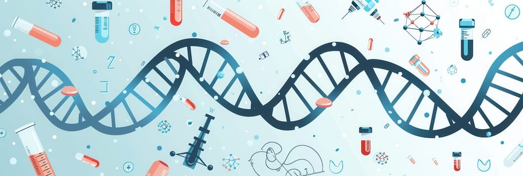 A double helix DNA strand is illustrated among various medical icons, including microscopes, test tubes, and stethoscopes, symbolizing genetic research and healthcare.