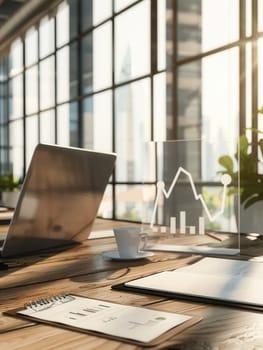 A sleek office features a laptop, notepad, and a coffee cup, all bathed in natural light while displaying a digital graph on a nearby screen.