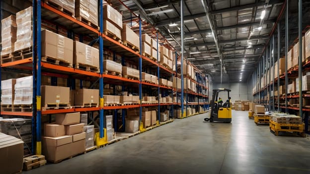A peaceful warehouse interior showcases neatly stacked cardboard boxes on shelving units. A forklift is parked at the end of the aisle, ready for transport tasks. The high ceiling and structured layout indicate an efficient operation during business hours.