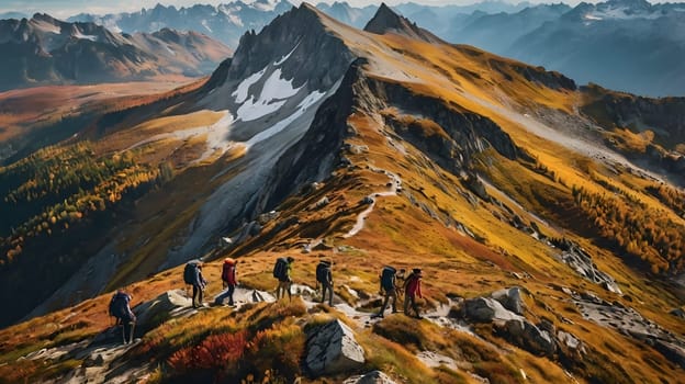 A group of hikers navigates a winding mountain trail surrounded by stunning autumn foliage. The rocky path leads to breathtaking views of rugged peaks and valleys, showcasing nature’s beauty. The colors of fall blend seamlessly with the crisp, clear sky, creating a picturesque outdoor adventure.