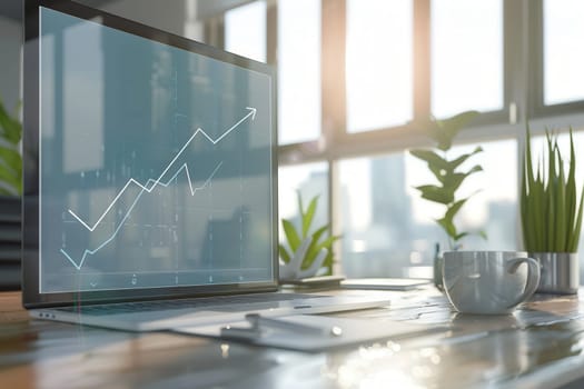 A stylish office filled with natural light showcases a laptop displaying a rising growth chart alongside greenery and a coffee cup on the table.