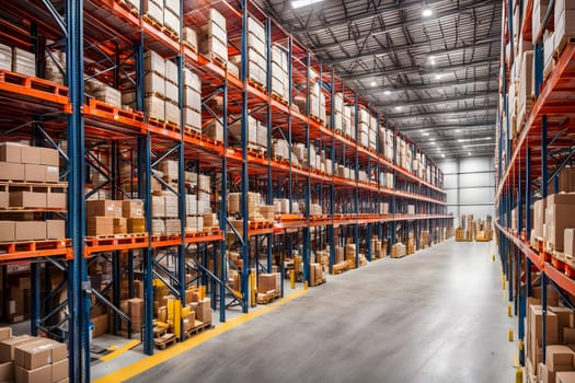 The interior of a large warehouse is filled with organized shelves stacked high with boxes. The wide aisle allows for easy movement of goods and equipment. Bright lighting illuminates the space, highlighting the efficiency of storage solutions.