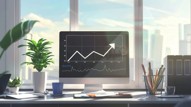 A sleek office space features a large monitor showing a growth chart with increasing trends, illuminated by sunlight from expansive windows.