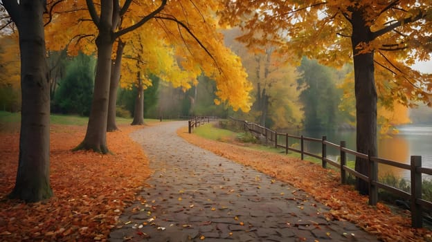 A winding pathway leads through a vibrant autumn landscape, adorned with striking yellow leaves. The trees stand tall, their branches heavy with foliage, while a serene lake reflects the warm hues of the fading sunlight. A rustic wooden fence lines the path, inviting leisurely strolls amidst the seasonal beauty.