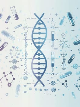 A double helix DNA strand is prominently displayed among various medical icons, representing the intersection of genetics and healthcare.