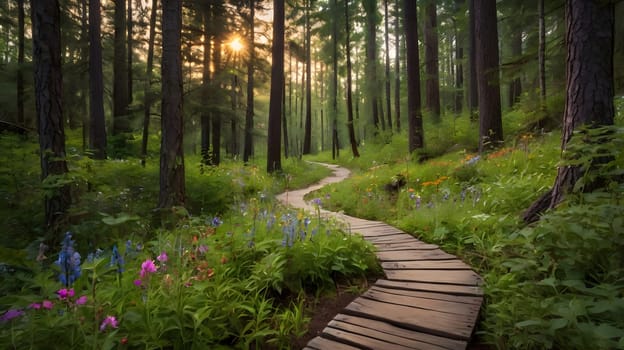 A winding wooden pathway leads through a lush forest, bathed in the warm glow of sunset. Tall trees frame the path, while colorful wildflowers bloom along the edges, creating a tranquil atmosphere.