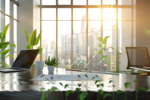 A sleek office with abundant natural light showcases a digital growth graph beside laptops and greenery, creating an inspiring and productive workspace.