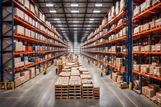 Inside a large warehouse, workers organize and move pallets stacked high on shelves. The layout features numerous rows of neatly arranged boxes and materials, showcasing efficient logistics and storage practices in a busy environment.
