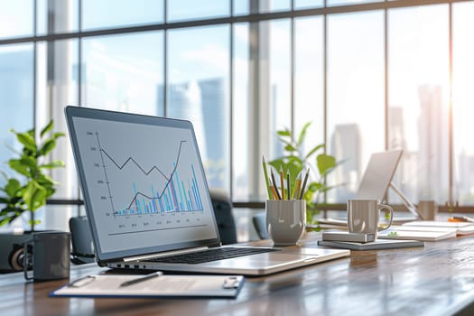 A sleek workspace showcases a laptop with graphs, surrounded by plants, coffee, and a bright view of the city skyline through large windows.