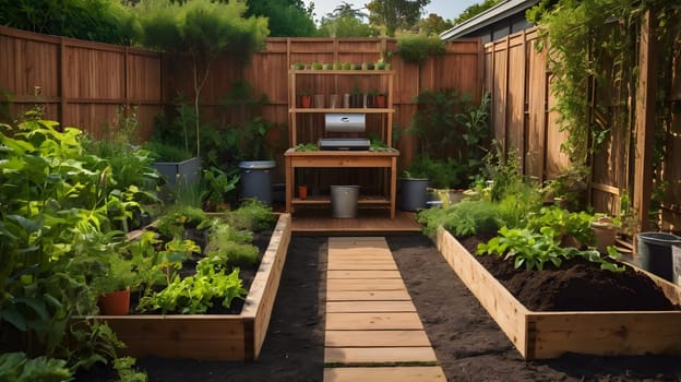 A vibrant vegetable garden features expansive wooden raised beds filled with various herbs and greens. A central wooden table with a grill is positioned among the lush greenery, surrounded by decorative plant pots and a wooden fence.